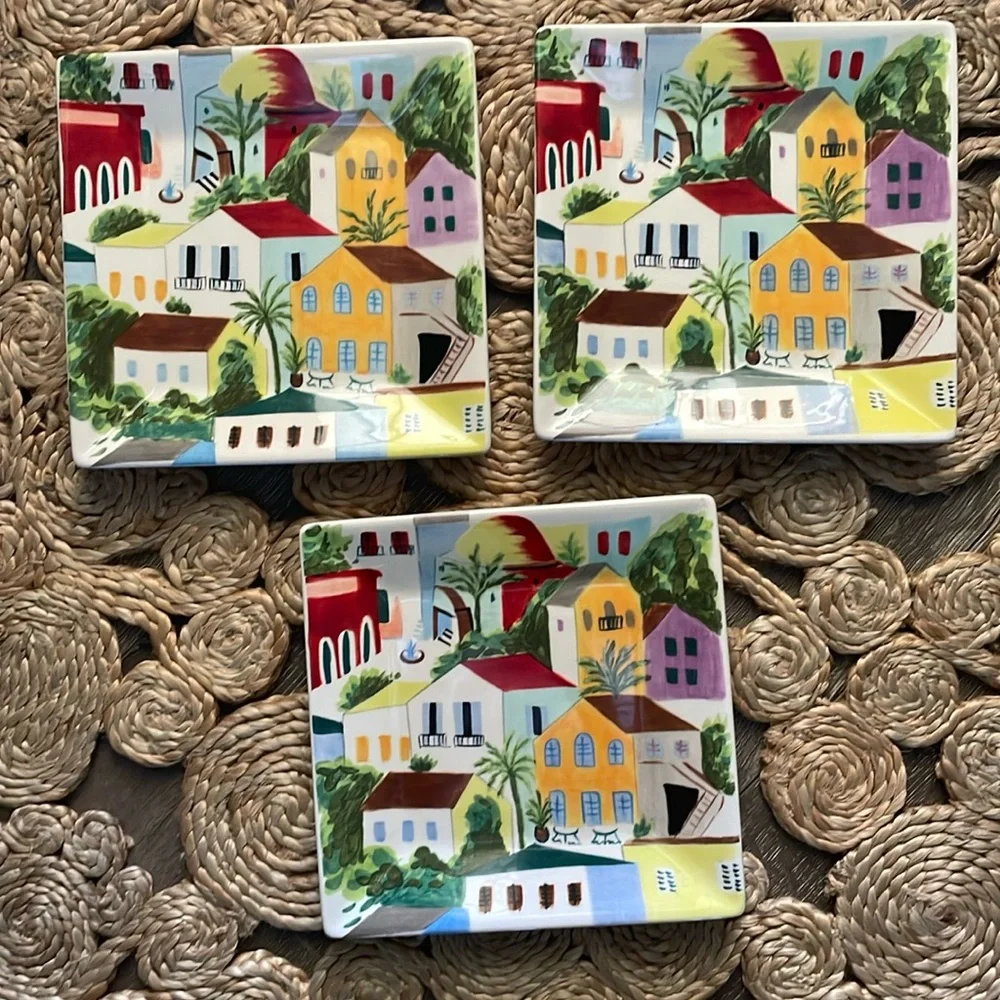 Pier 1 Villa Del Sol Hand Painted Square Salad Plates Set of 3